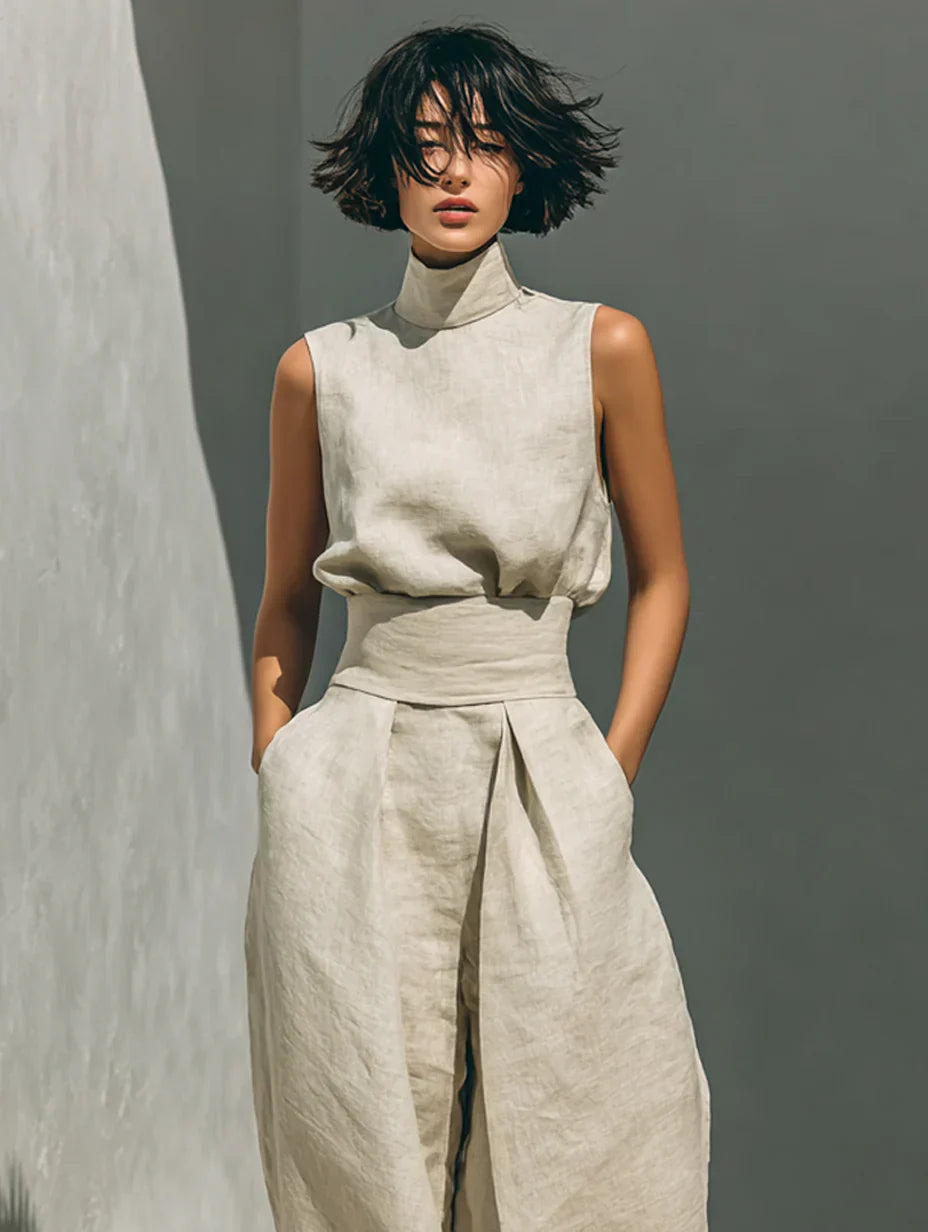 Flor™ | Completo minimalista di blusa senza maniche e pantaloni a gamba larga in cotone e lino per donna