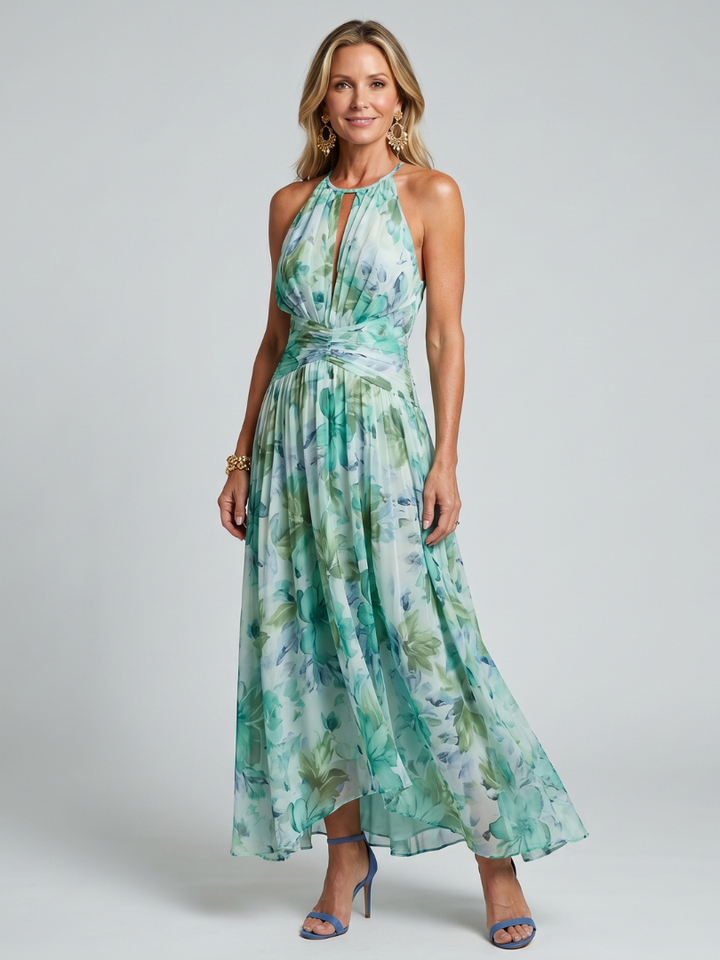 Portia | Abito Midi in Stile Halter con Motivo Floreale Pieghettato