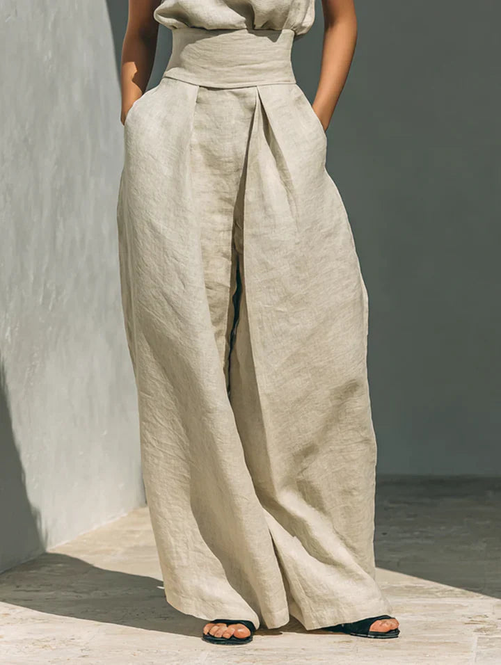 Flor™ | Completo minimalista di blusa senza maniche e pantaloni a gamba larga in cotone e lino per donna