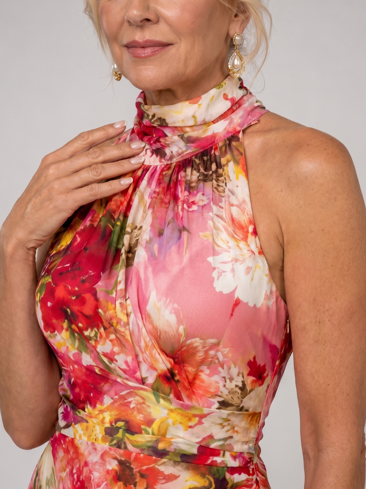 Elisabetta | Abito Maxi con Stampa Floreale e Collo All'Americana