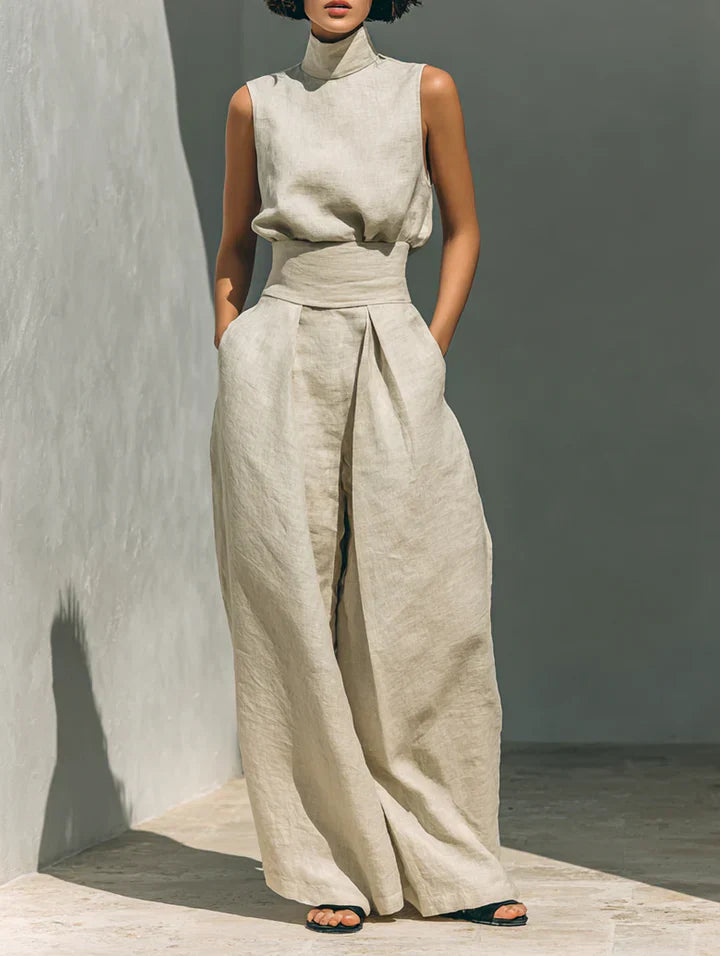 Flor™ | Completo minimalista di blusa senza maniche e pantaloni a gamba larga in cotone e lino per donna
