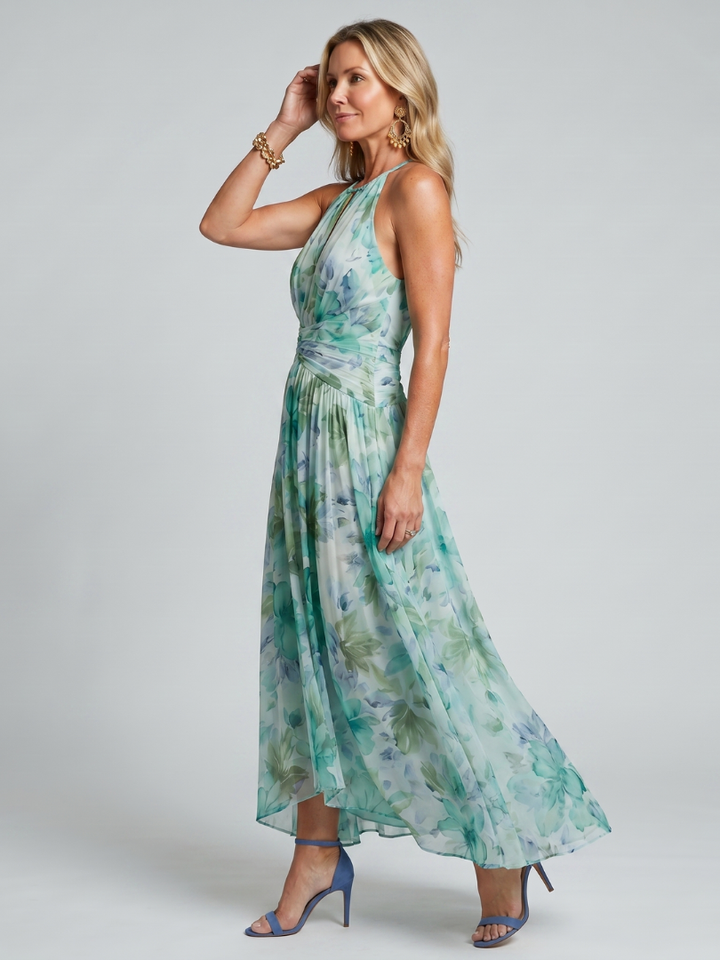 Portia | Abito Midi in Stile Halter con Motivo Floreale Pieghettato