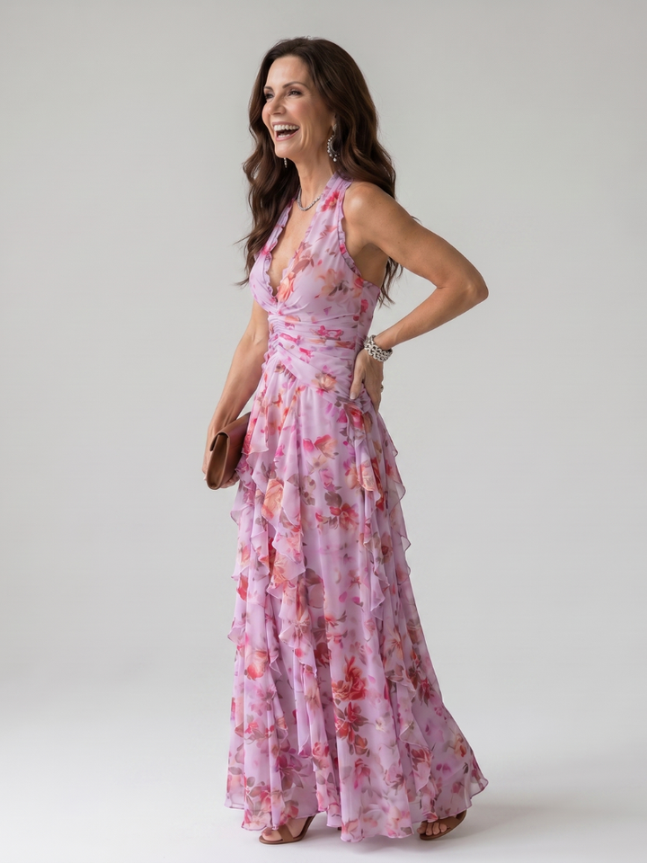 Nori | Abito Maxi Floreale con Corpino Arricciato e Scollo Halter