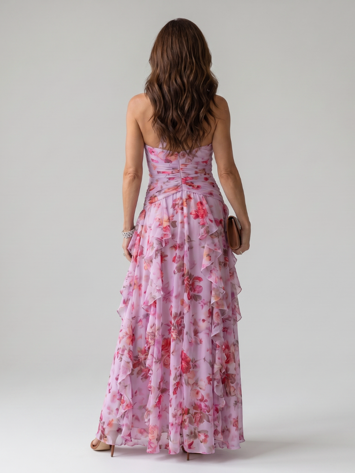 Nori | Abito Maxi Floreale con Corpino Arricciato e Scollo Halter