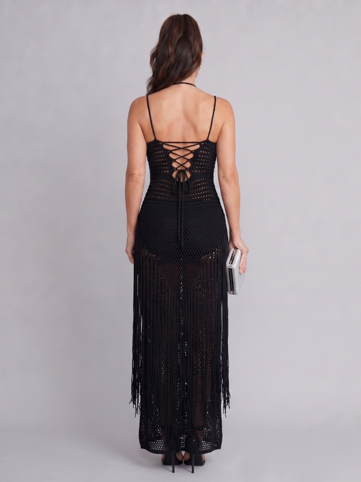 Zephyra | Abito Maxi con Scollo All'americana e Dettagli in Frange