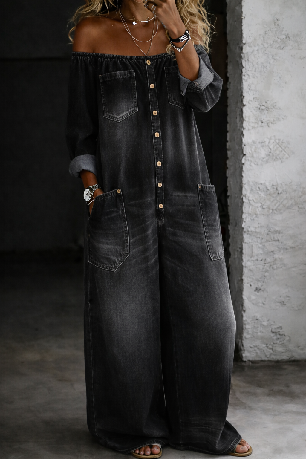 Elena™ | Tuta in denim con spalle scoperte