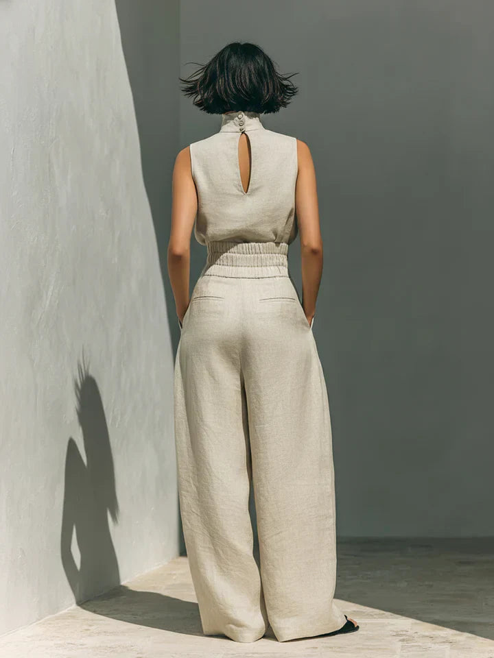 Flor™ | Completo minimalista di blusa senza maniche e pantaloni a gamba larga in cotone e lino per donna