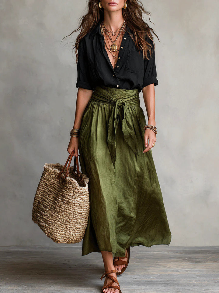 Vera – Completo di due pezzi: camicia nera e gonna midi verde oliva
