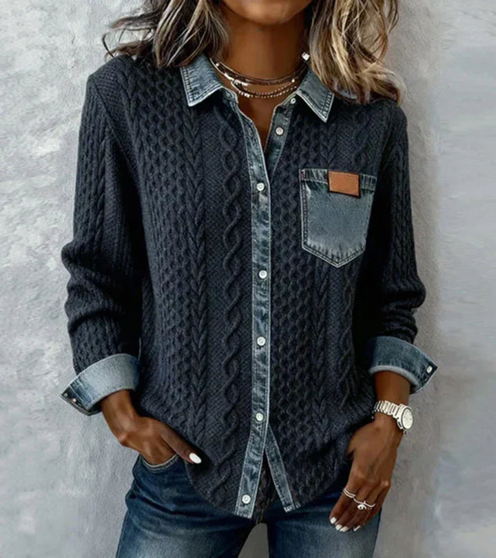 AMBRA - Top in Maglia Patchwork con Dettagli in Denim