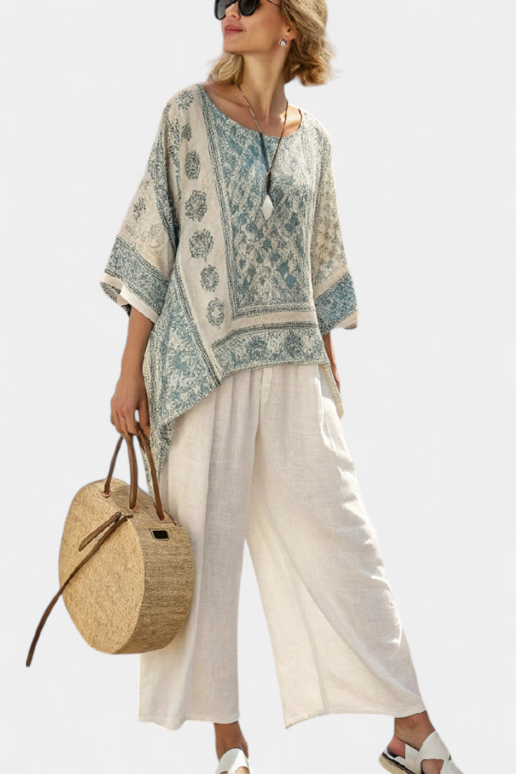 Annalisa – blusa stampata comoda e pantaloni bianchi a gamba larga