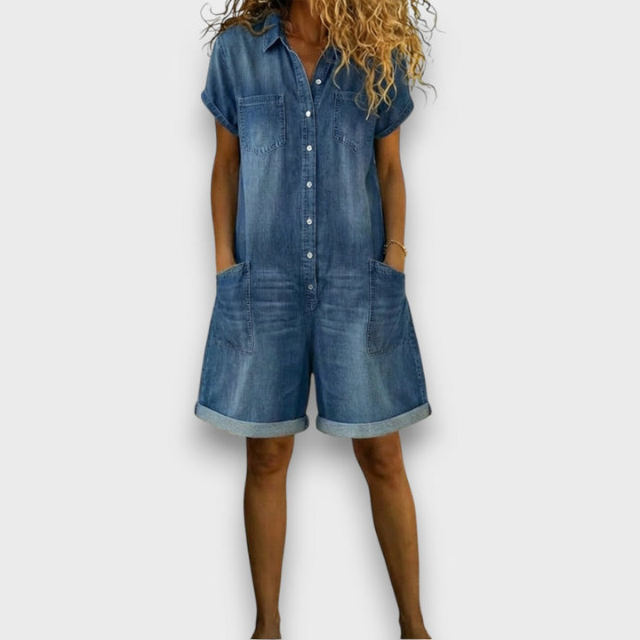Joan™ | Salopette corta in cotone effetto denim