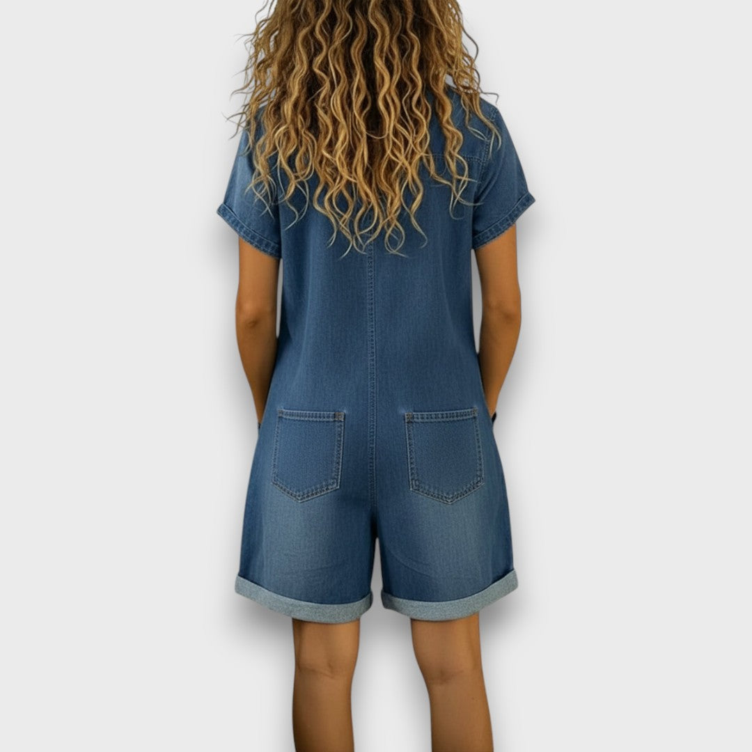 Joan™ | Salopette corta in cotone effetto denim