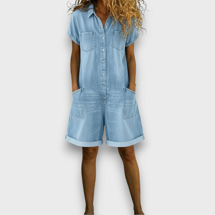 Joan™ | Salopette corta in cotone effetto denim