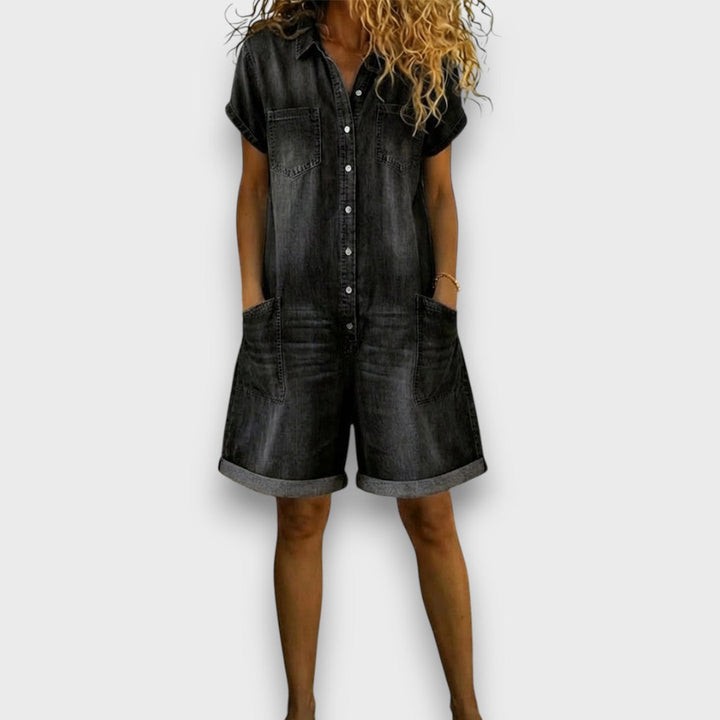 Joan™ | Salopette corta in cotone effetto denim